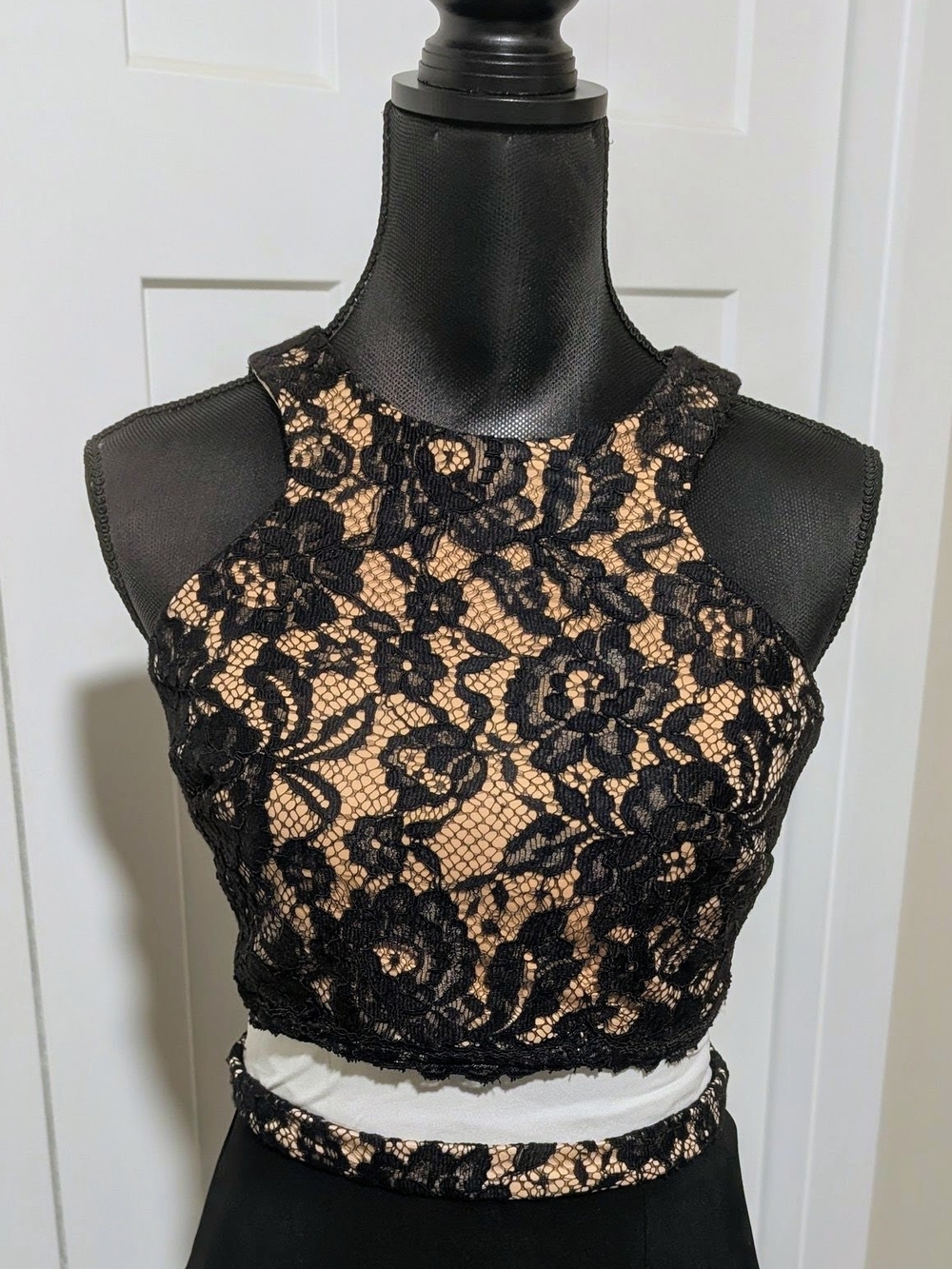 2 Piece Formal Black Lace Cropped Halter Top with High-Slit Maxi Skirt by Xscape - Picture 3 of 3